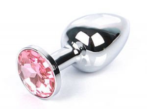 02 Анальная пробка серебро МАЛАЯ с нежно-розовым кристаллом 7 см х 2,7 см ― Секс Культура