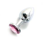 02 Анальная пробка серебро БОЛЬШАЯ с нежно-розовым кристаллом 9 см х 4 см